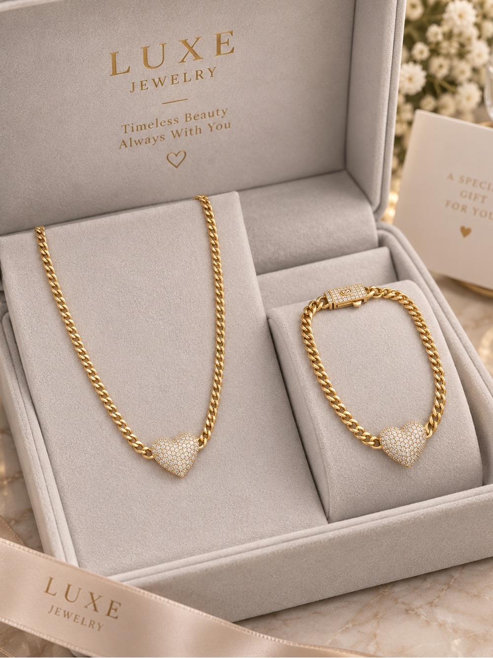 Gold Heart Pendant Necklace & Bracelet Set
